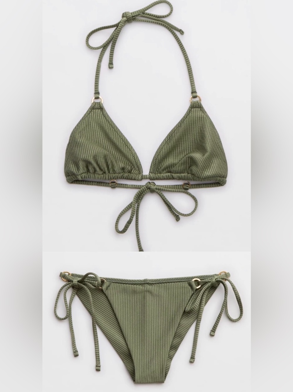 NWT Aerie FULL SET Shine Rib String Triangle Top + Cheekiest Tie Botto Olive - S